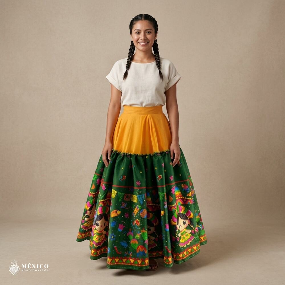 Yellow & Green Mexican Folk Skirt – Poplin Fiesta Doll Print Artisan Mexico Gift